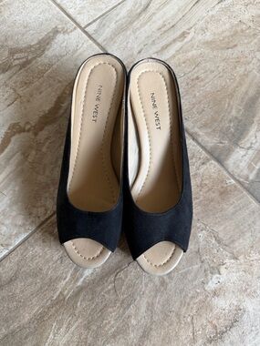 Nine West Black Peep-Toe Slide Mules